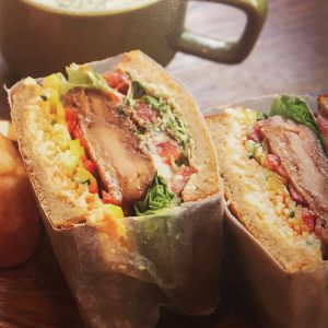 Teriyaki chicken, broccoli sprouts and egg salad sandwiches